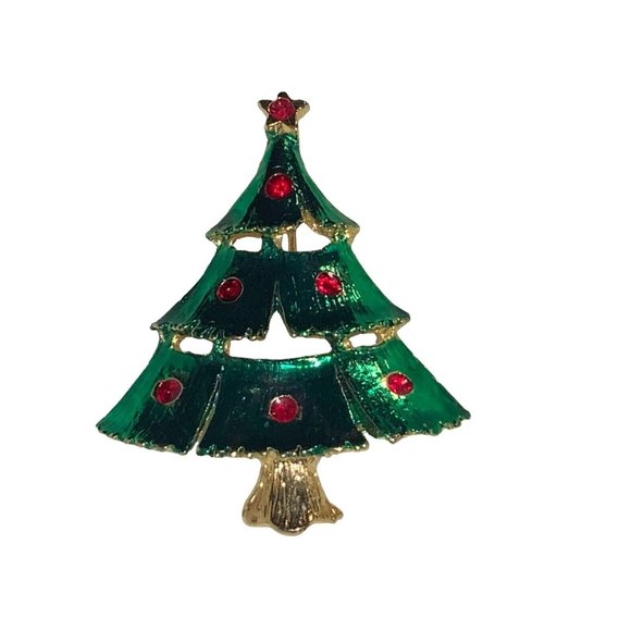 Christmas Tree Pin with Red Rhinestones Tree Decorations gold tone - Picture 2 of 9